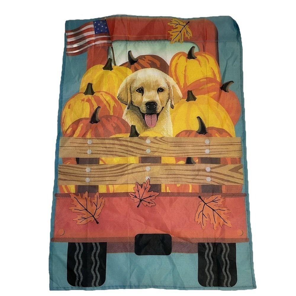 Fall Harvest Garden Flag Pumpkin USA Flag Golden Retriever Dog Halloween 18 X 12